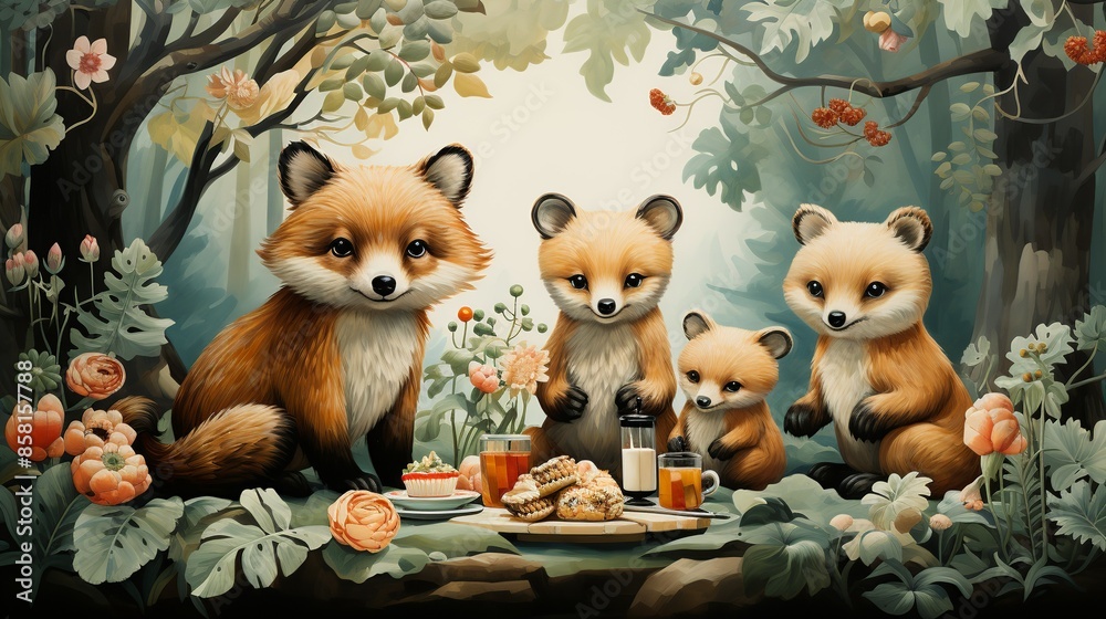 Fototapeta premium A whimsical illustration of a group of woodland animals enjoying a festive tea party, with detailed characters and a playful, imaginative atmosphere. Illustration, Minimalism,