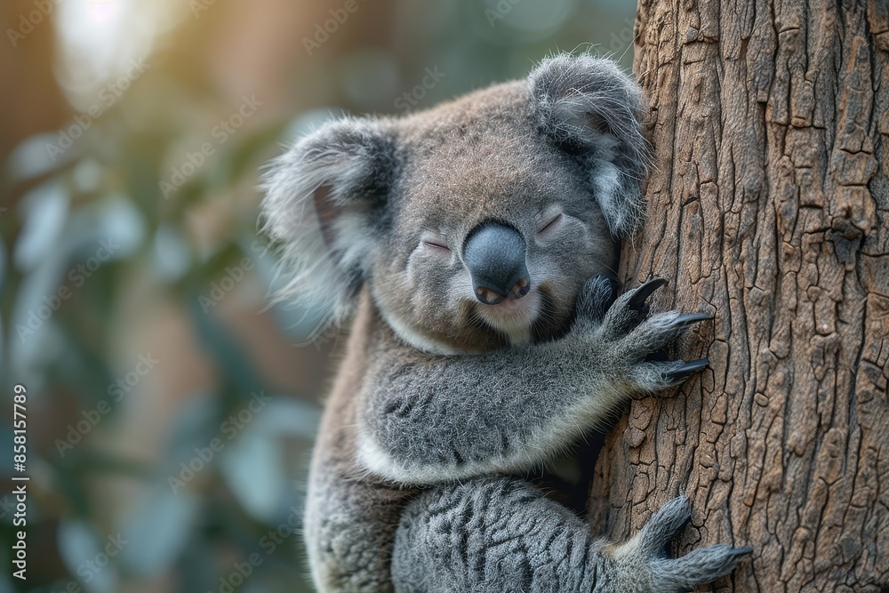 Obraz premium A sleepy koala bear hugging the trunk of a eucalyptus tree, with its eyes half-closed and one ear twitching