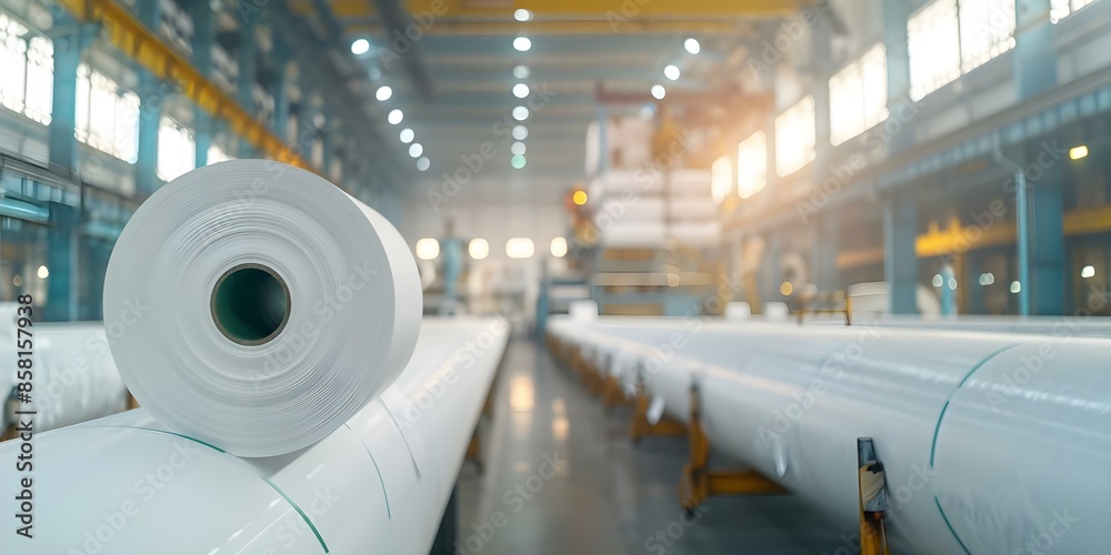 Fototapeta premium Machinery at a pulp paper plant manufacturing highquality paper products. Concept Paper Manufacturing, Pulp Processing, Machinery Technology, High-Quality Products, Industrial Automation
