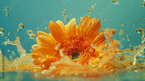 A flower is in a pool of water, with droplets of water surrounding it © ART IS AN EXPLOSION.
