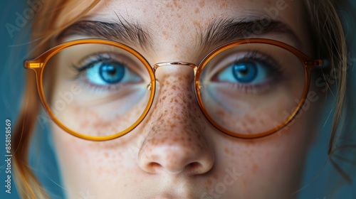 A woman with blue eyes is wearing glasses