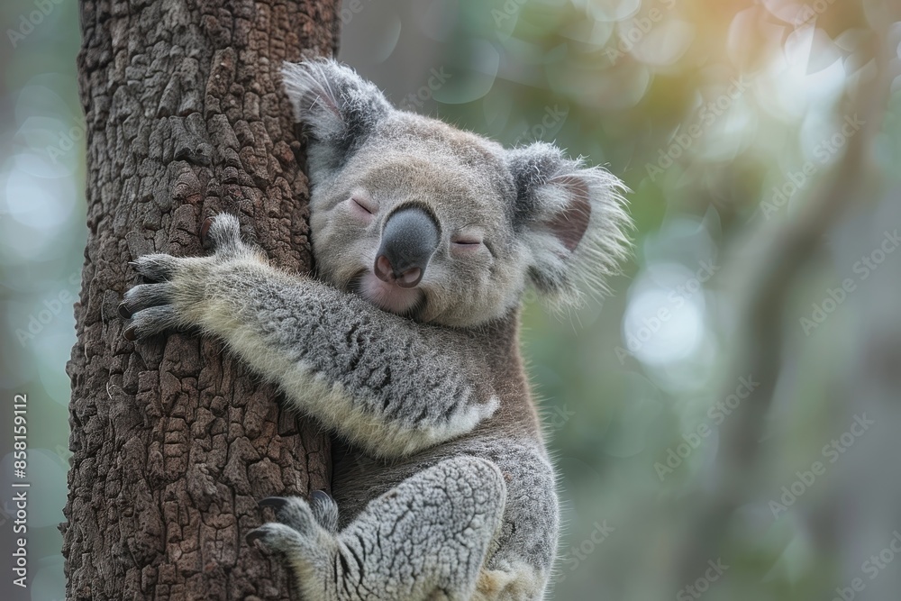 Fototapeta premium A sleepy koala bear hugging the trunk of a eucalyptus tree, with its eyes half-closed and one ear twitching