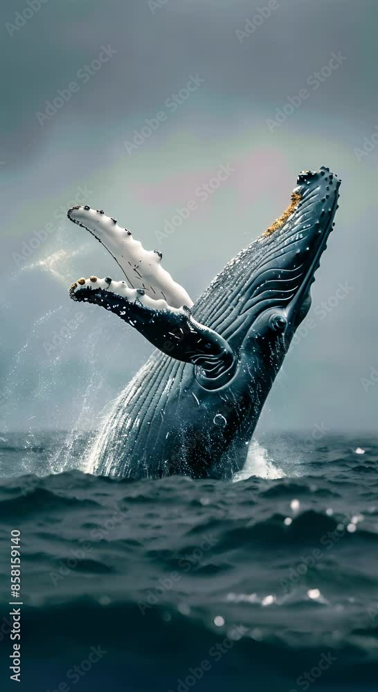 Majestic humpback whale breaching the ocean surface on a cloudy day ...