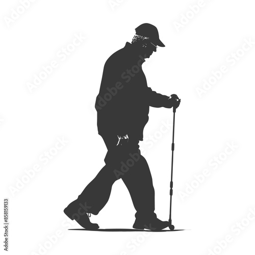 Silhouette of Elderly Man Walking with Hiking Pole.