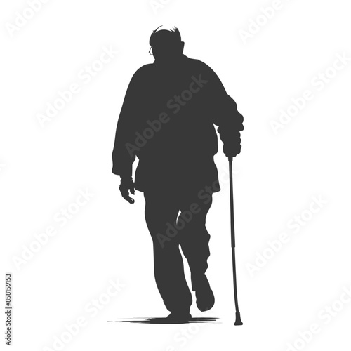 Silhouette of Elderly Man with Cane Walking, Solitude.