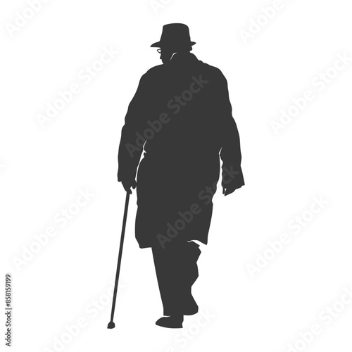 Silhouette of Elderly Man with Cane and Hat, Isolated on White.