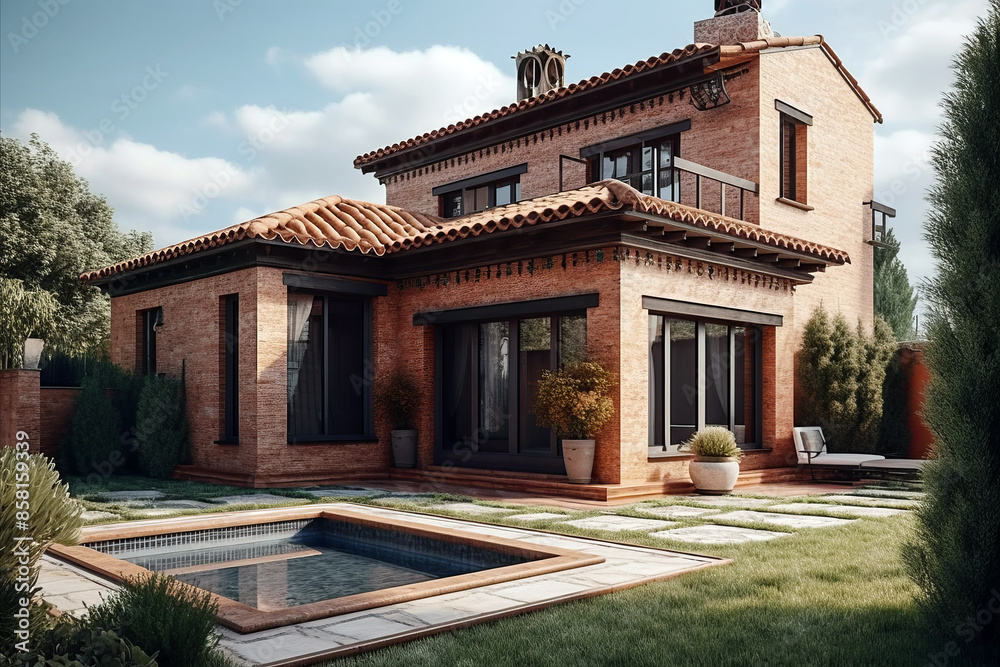 Fototapeta premium Exterior of a modern brick private house in Spain style with a pool in front of it.