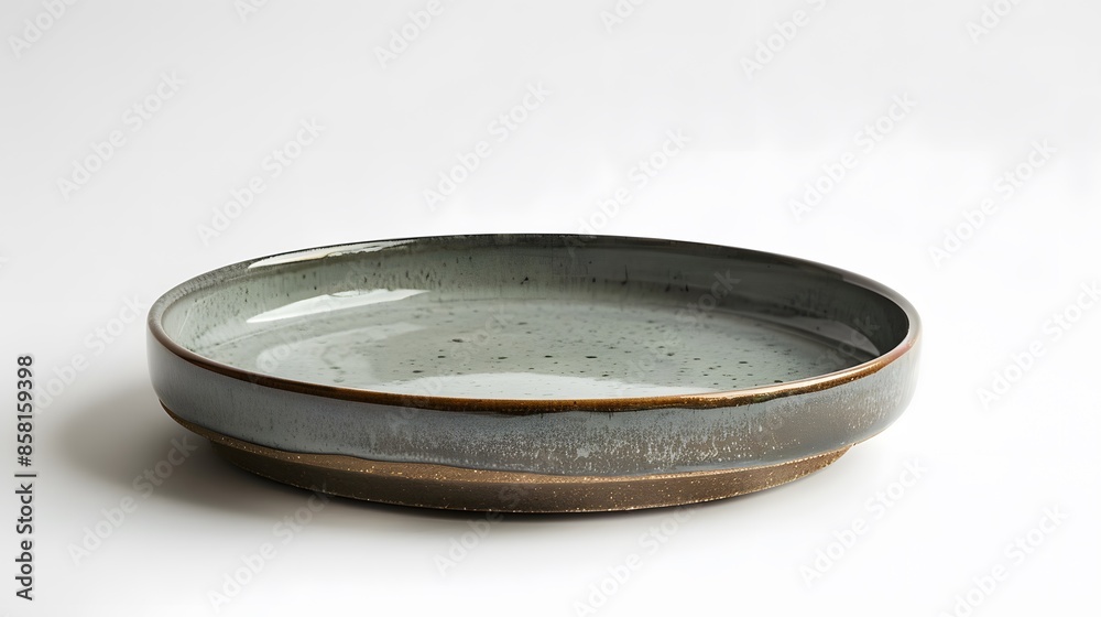 A simple round grey ceramic plate on white background, product photography. A simple round grey ceramic plate on white background, product photography.