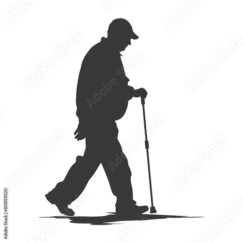 Silhouette: Elderly Man with Cap and Cane, Walking with a Gentle Stoop.