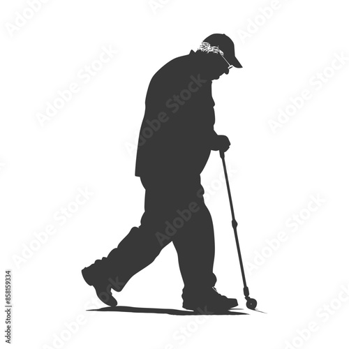 Silhouette of elderly man walking with cane.