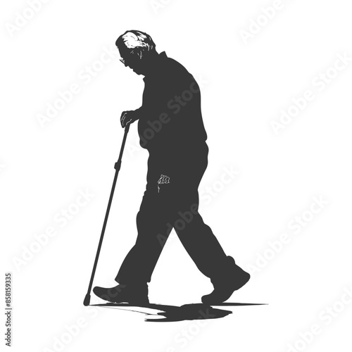 Silhouette of Elderly Man Walking with Cane on White Background.