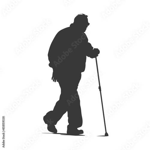 Silhouette of Elderly Man with Cane, Isolated Against White Background