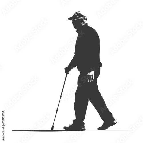 Senior Golfer Silhouette: Walking with Cane, Graphic Style.
