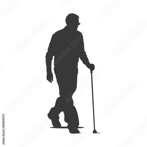 Silhouette of an Elderly Man Walking with Cane, White Background.