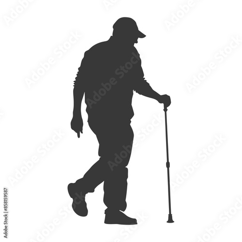 Silhouette of Elderly Man Walking with Cane, Monochrome Portrait.