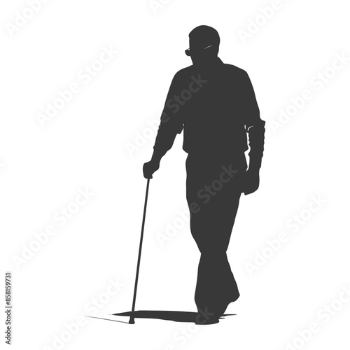Silhouette of Elderly Man with Arm Cast Walking with a Cane, Isolated.