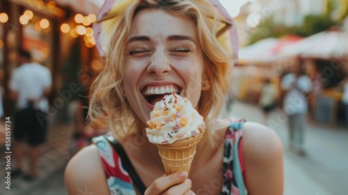 Smiling female holding an ice cream in travel street