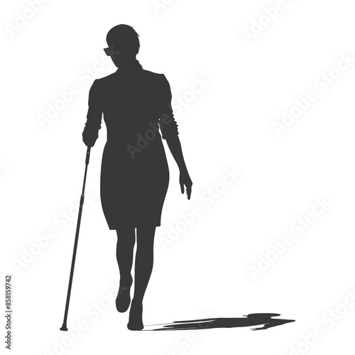 Silhouette of Woman with Leg Amputation Walking with Cane, Empowerment Icon.