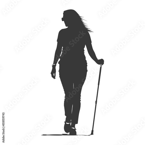 Silhouette of a Woman with Walking Stick, Freedom, Outdoor Adventure, Windblown Hair.