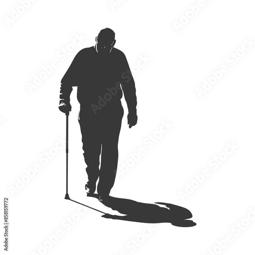 Silhouette of Elderly Man Walking with Cane, Long Shadow, Isolated on White.
