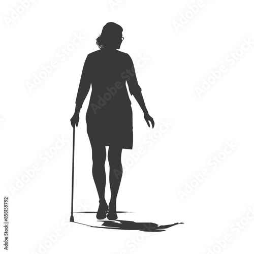 Silhouette: Woman with cane, walking in silhouette, senior mobility.