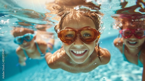 Underwater group portrait of happy children in swimming pool.