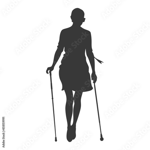 Silhouette of woman using forearm crutches, walking forward on white.