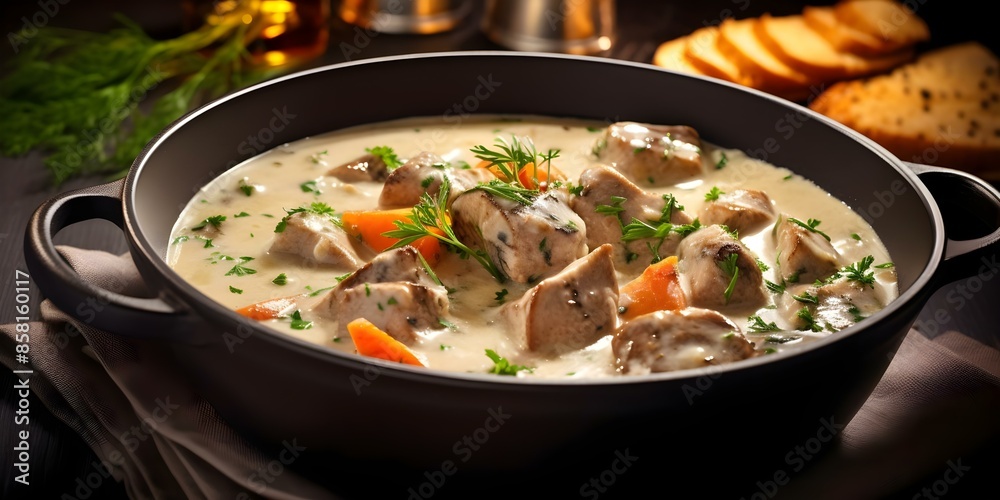 Traditional French veal stew in white sauce blanquette de veau. Concept French Cuisine, Veal Stew, Blanquette de Veau, White Sauce, Traditional Recipe Traditional French veal stew in white sauce blanquette de veau. Concept French Cuisine, Veal Stew, Blanquette de Veau, White Sauce, Traditional Recipe