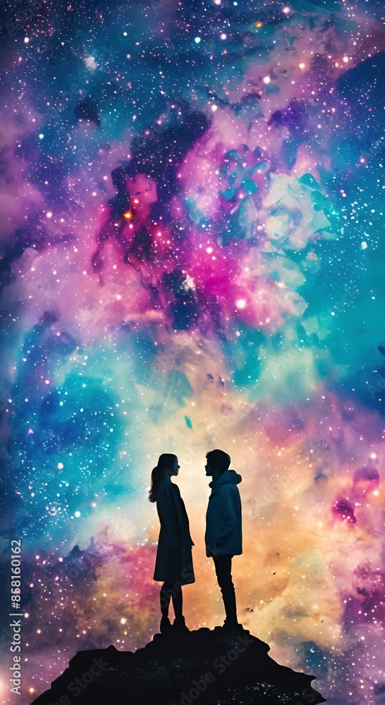 A romantic silhouette of a couple standing against a colorful, star-filled galaxy background, evoking cosmic love and wonder. A romantic silhouette of a couple standing against a colorful, star-filled galaxy background, evoking cosmic love and wonder.