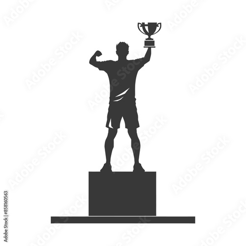 Silhouette Champion: Victory Pose with Trophy on Podium, Dark Gray Icon.