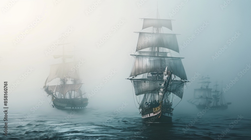 Fototapeta premium Sailing ship in sea water in heavy fog.