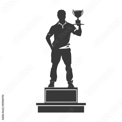 Triumphant Silhouette: Polo Player Champion, Trophy on Podium, Victory Icon