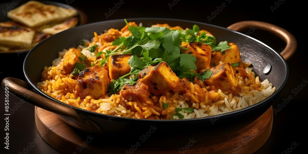 Overhead view of Shahi paneer Butter Paneer and cumin rice dish. Concept Food Photography, Indian Cuisine, Vegetarian Dishes, Restaurant Menu Inspiration