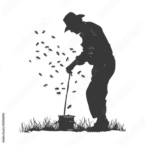 Silhouette Beekeeper: Smoker, Bees, and Prairie Grass.