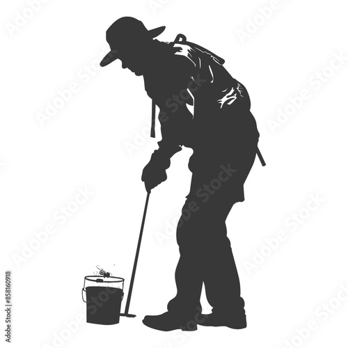 Silhouetted Beekeeper: Smoker Tool & Honey Bucket, Side View.