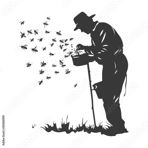 Silhouette of a Beekeeper Feeding Bees from a Bowl, White Background.
