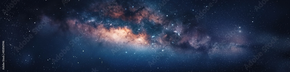 Fototapeta premium Nebula and stars in night sky web banner. Space background, wide scale 4:1
