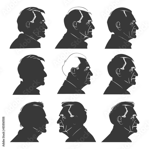 Nine Profiles: Aging Man, Varied Silhouettes & Line Art.