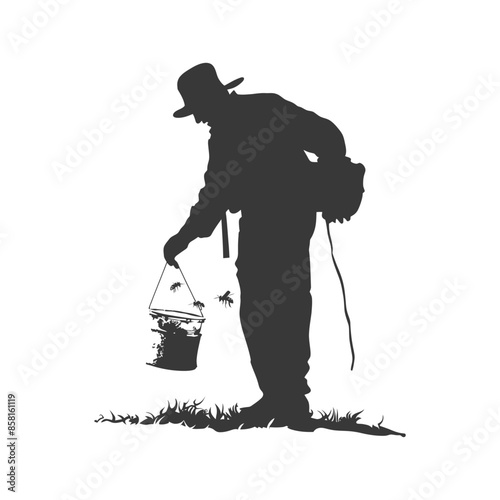 Silhouette of Man with Bucket: Rural Figure Feeding Livestock or Harvesting.