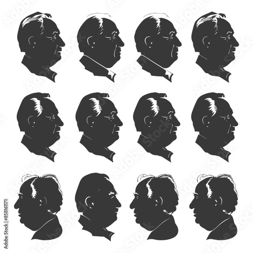 Grid of Silhouetted Senior Man's Profile Portraits, Multiple Head Angles, Dark Gray.