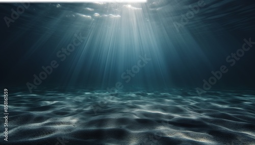 Mysterious Underwater Scene with Sunlight Beams Penetrating Deep Ocean Waters