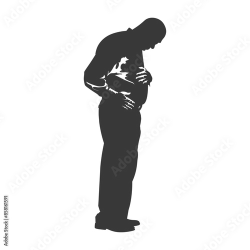 silhouette elderly man holding stomach in pain black color only