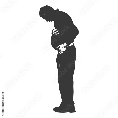 silhouette elderly man holding stomach in pain black color only