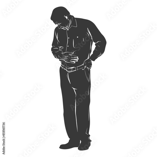 Contrasting Silhouette: Man clutching stomach in pain, severe discomfort, head down, monochromatic illustration.