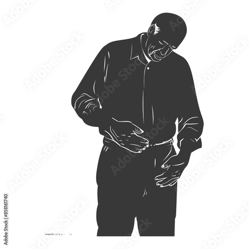 Silhouetted Senior Man Searching Pockets, Lost Keys or Wallet, Head Down, Frustration.