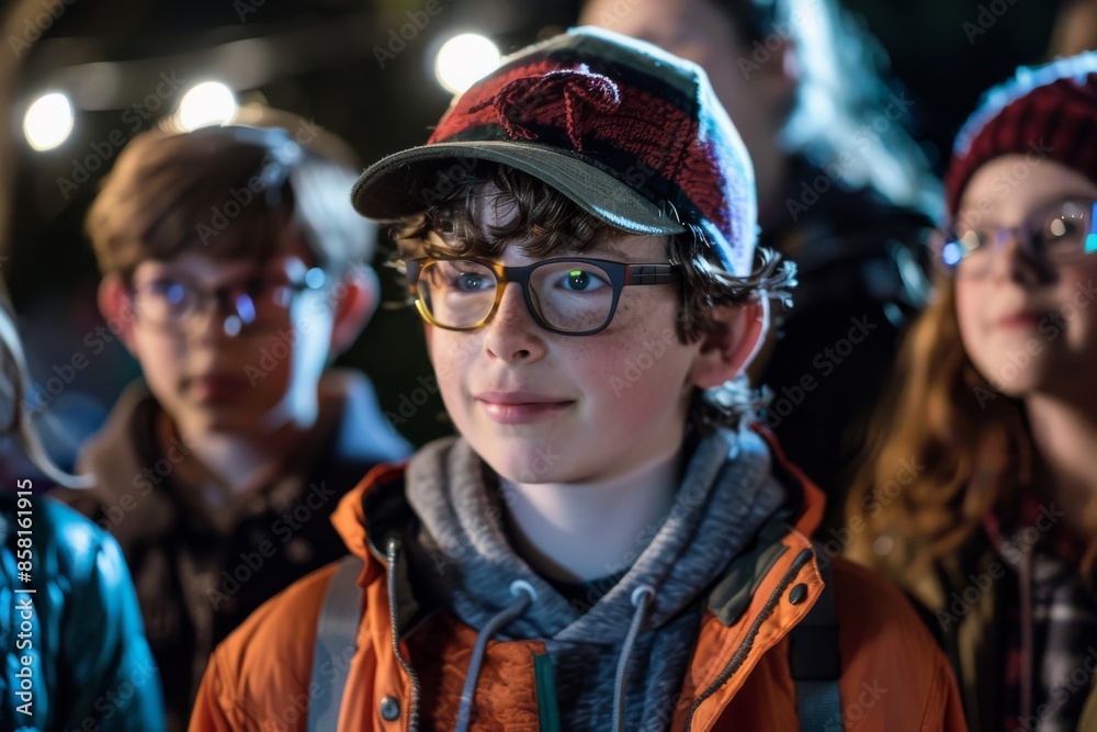 Portrait of a boy with glasses on the background of the night city Portrait of a boy with glasses on the background of the night city