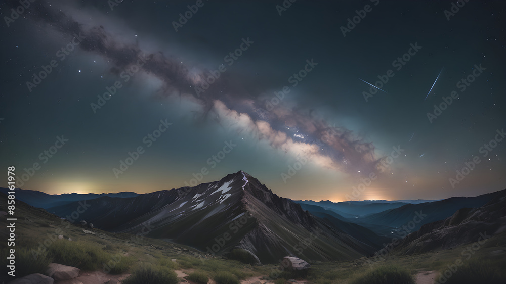 A night sky filled with stars and the Milky Way over a remote mountain ...