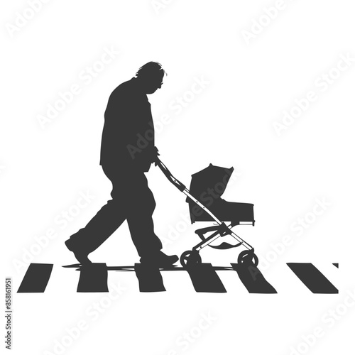 Silhouette of Man Pushing Stroller on Zebra Crossing, Isolated.