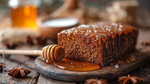 Closeup on a fresh delicious homemade honey cake for Rosh Hashanah with space for text