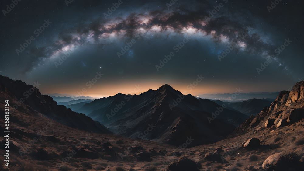 A night sky filled with stars and the Milky Way over a remote mountain ...